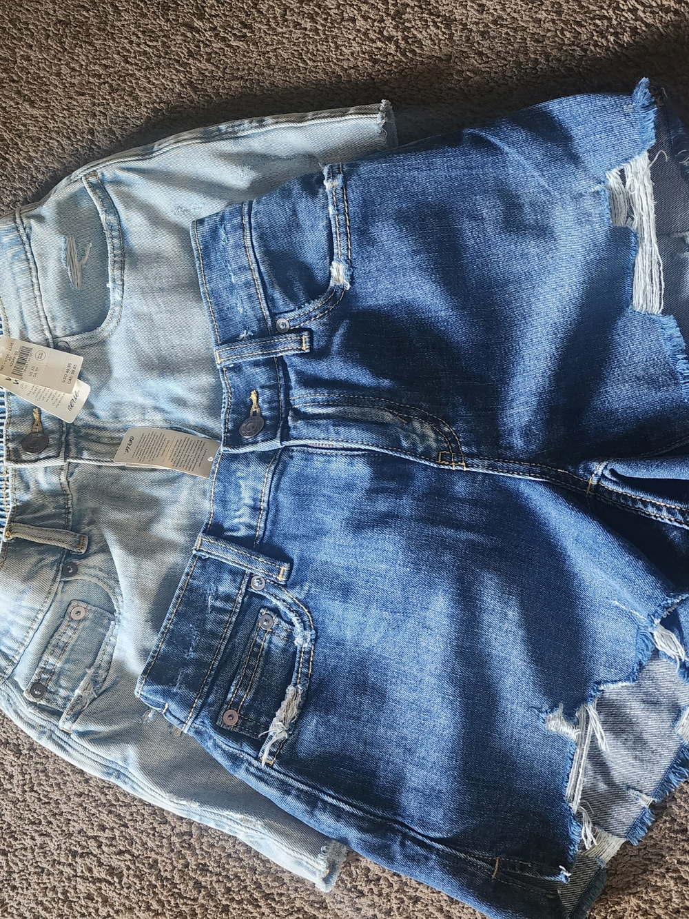 aerie Distressed Denim Shorts in Light Blue and Dark Blue